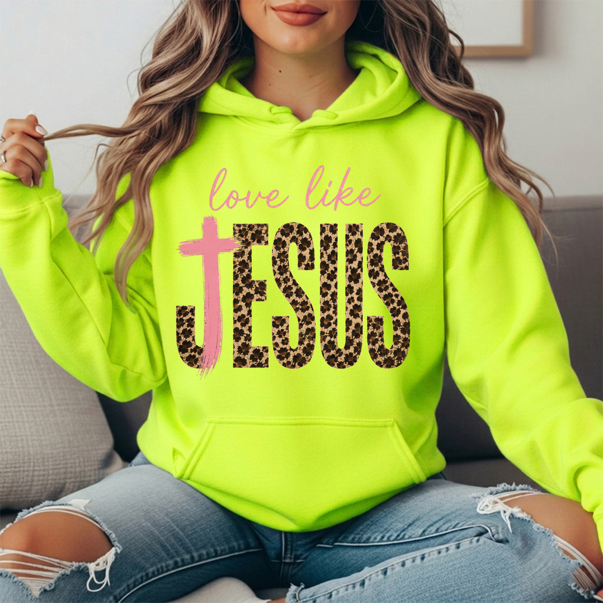 Love Like Jesus Leopard Print Cross Graphic Hoodie
