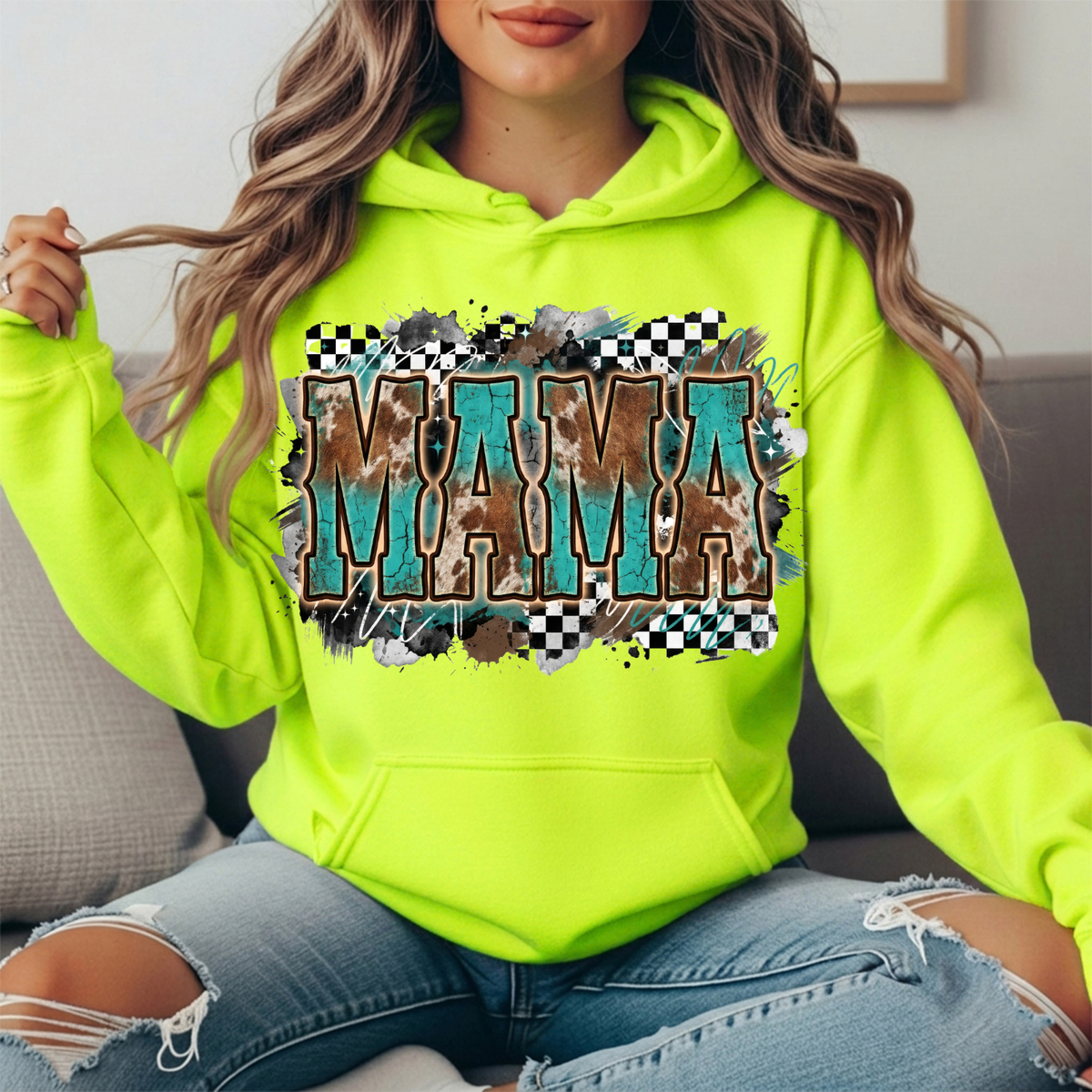 Turquoise Cowhide Mama Western Graphic Hoodie