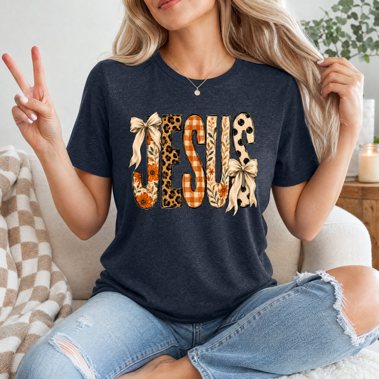 Jesus Floral, Leopard & Gingham Bow Graphic Tee