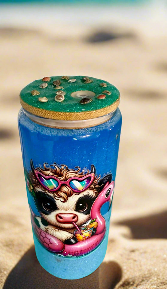 Beach Babe Cow Snowglobe Glass Can