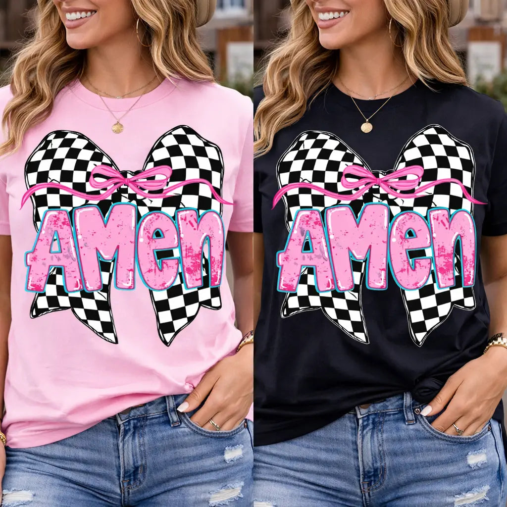Amen Bow Christian Shirt | Checkered Bow Faith Tee K's Krafty Barn