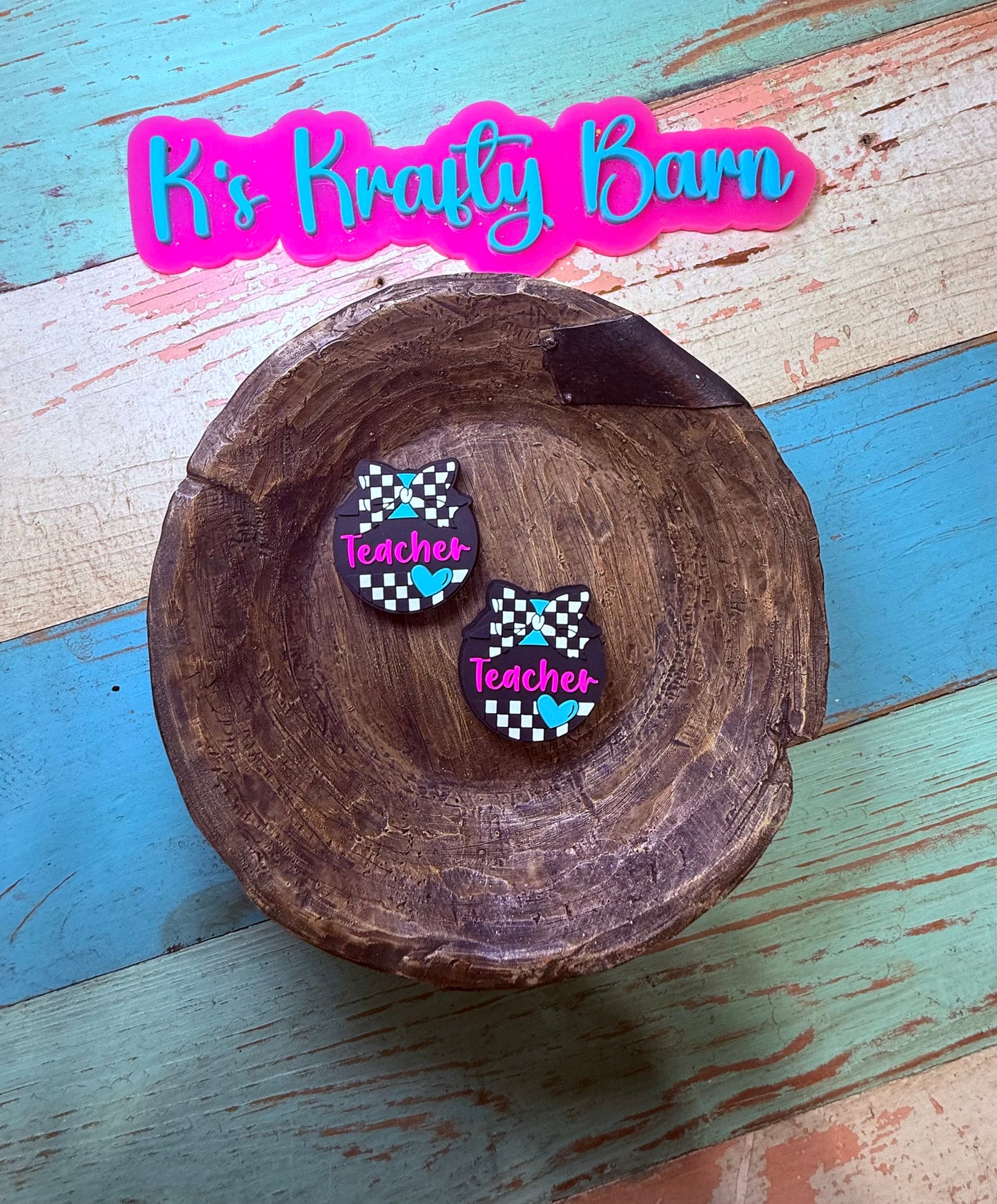 Wholesale Silicone Focal Bead- Checkered Teacher bow