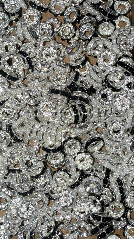 Black & White Pearl Rhinestone Spacer Bead Mix – 10mm | Large Hole Spacers