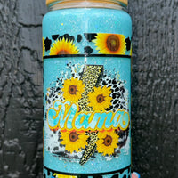 Sunflower Cowprint MAMA 16oz Glass Snowglobe Tumbler