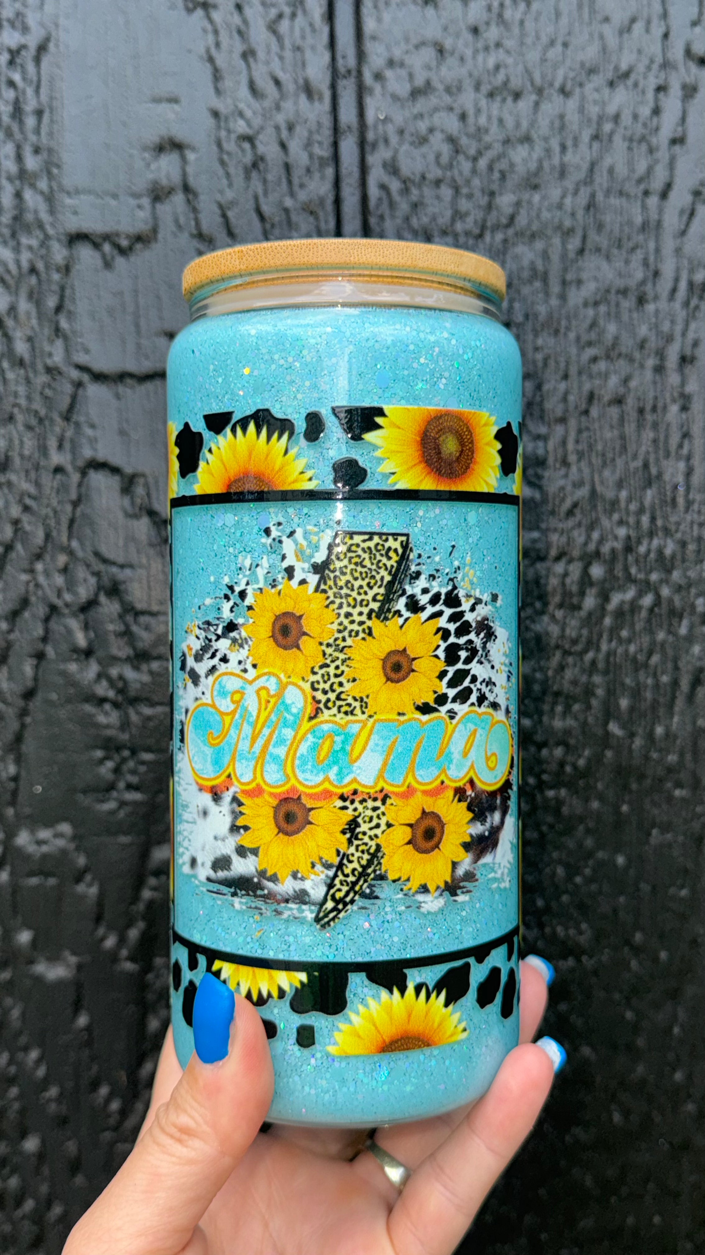Sunflower Cowprint MAMA 16oz Glass Snowglobe Tumbler