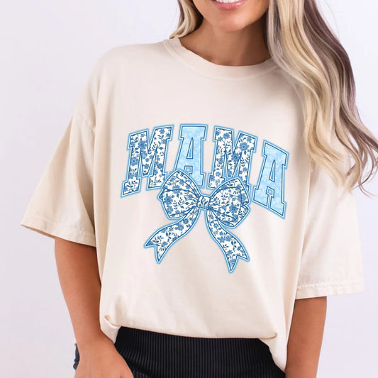 Mama Bow Shirt – Blue Floral Mama Graphic Tee