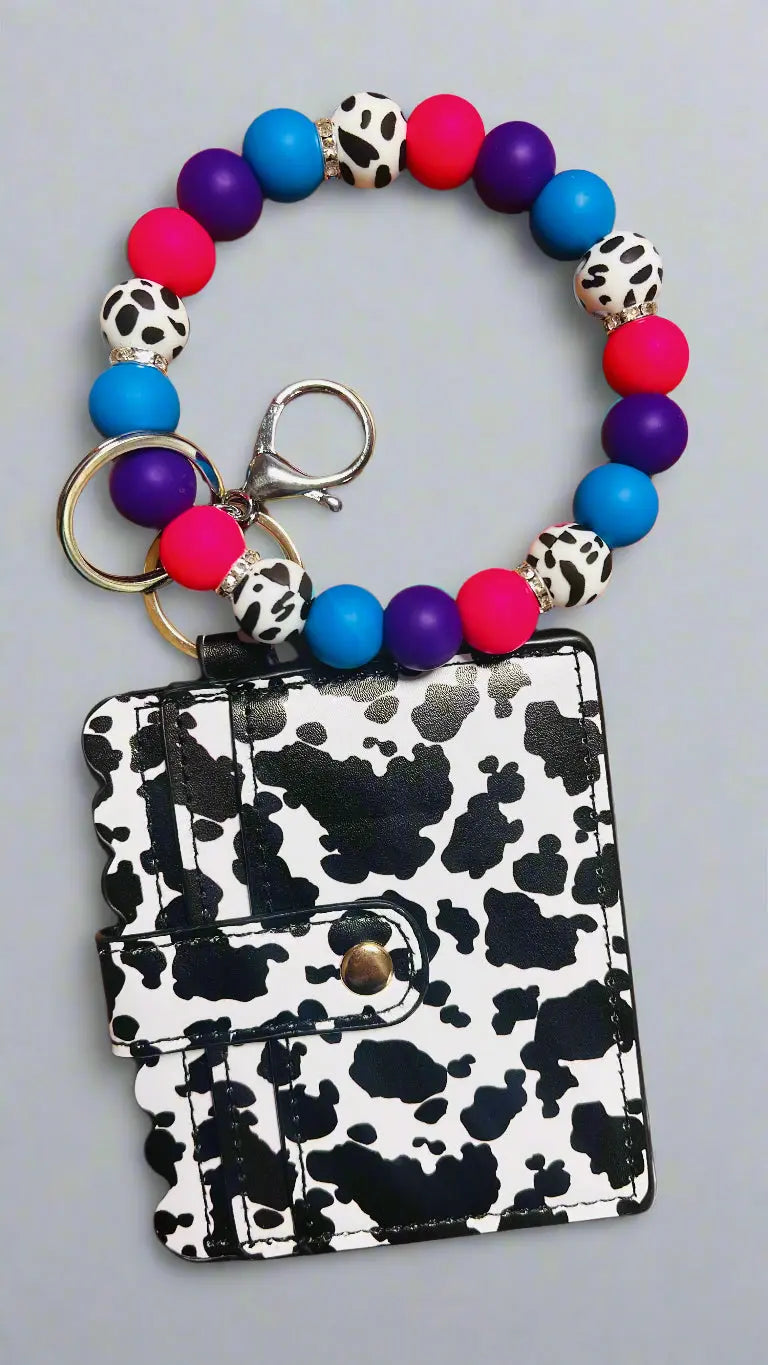 Wristlet Keychain with Cow print ID Wallet Colors: Pink, Purple, Blue, and Cow Print K's Crafty Vibes Co.
