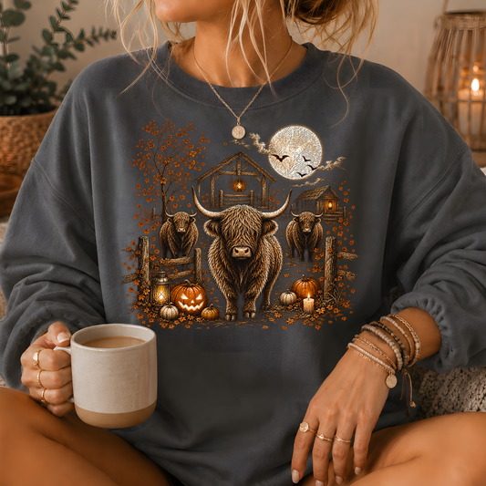 Fall Night Highland Bulls Spooky Country Farm Crewneck Sweatshirt