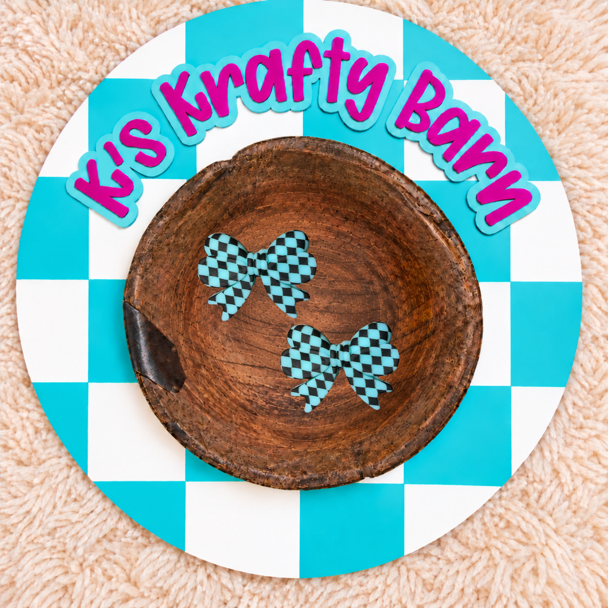 Turquoise & Black Checkered Bow Silicone Focal Bead