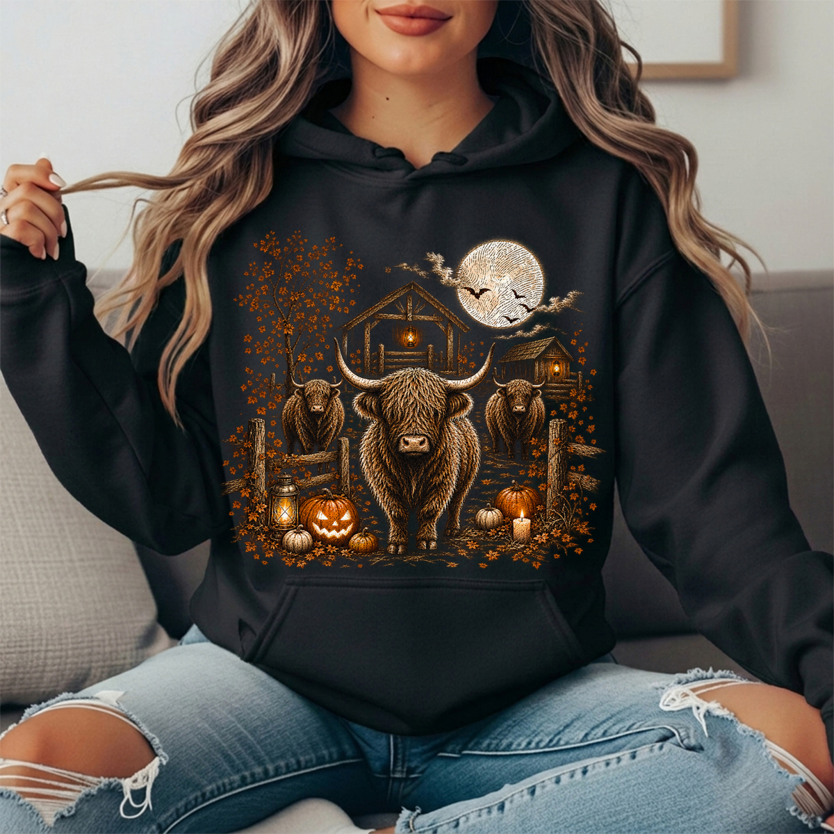 Fall Night Highland Bulls Spooky Country Farm Hoodie Sweatshirt