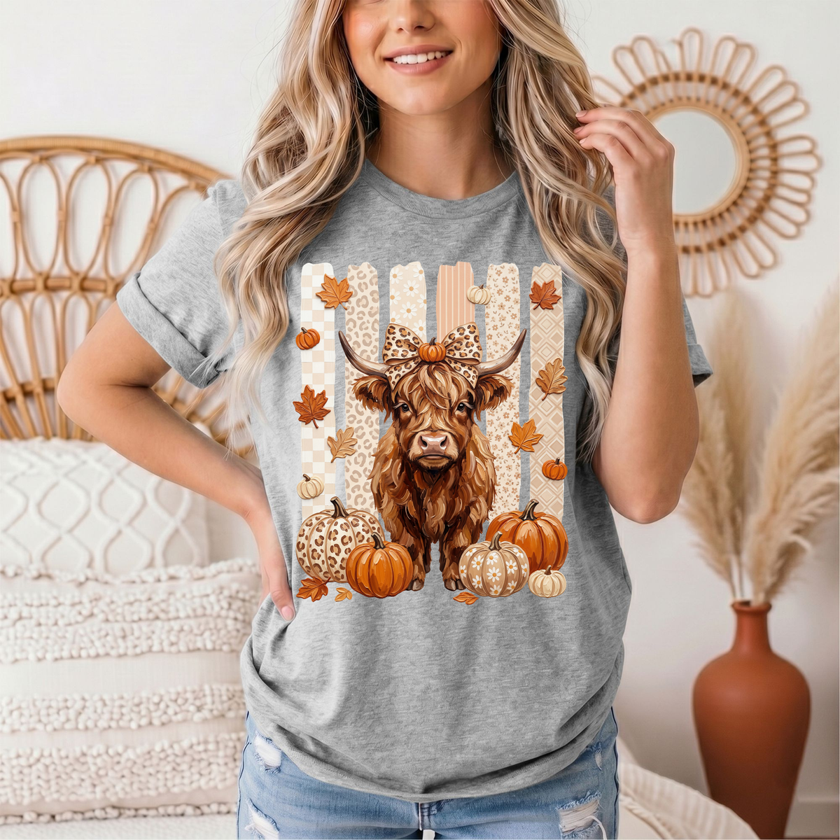 Fall Highland Cow Leopard Bow & Pumpkin Graphic Tee