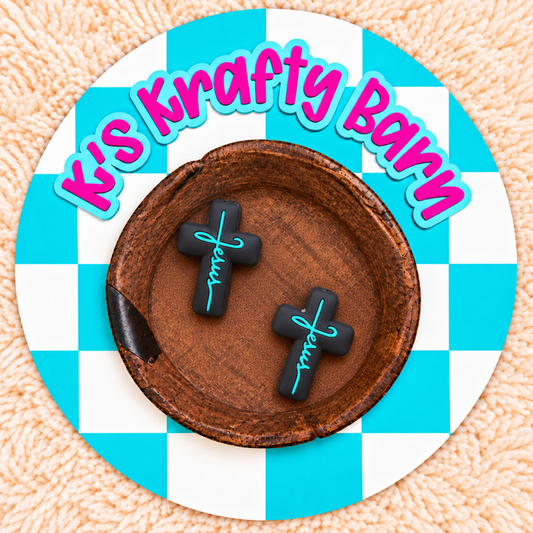 Black Cross With Teal Jesus Silicone Focal Bead