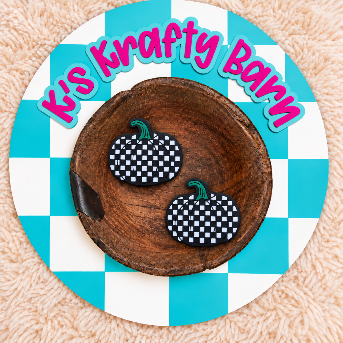 Checkered Pumpkin Silicone Focal Bead | Halloween