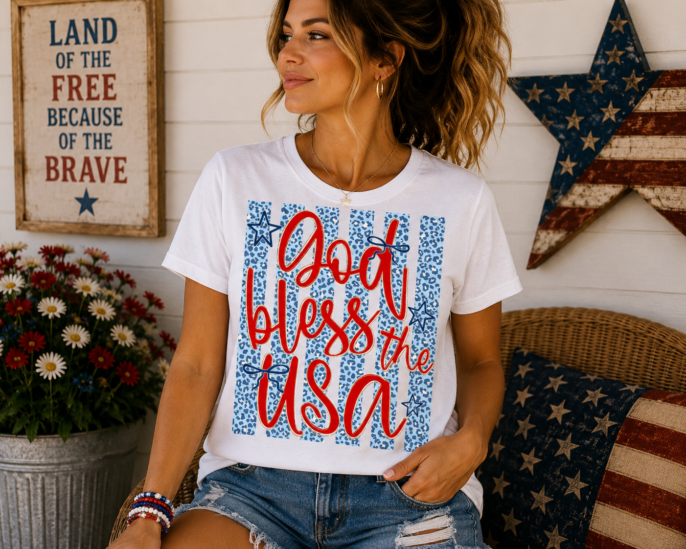 God Bless the USA Cheetah Blue Graphic Tee