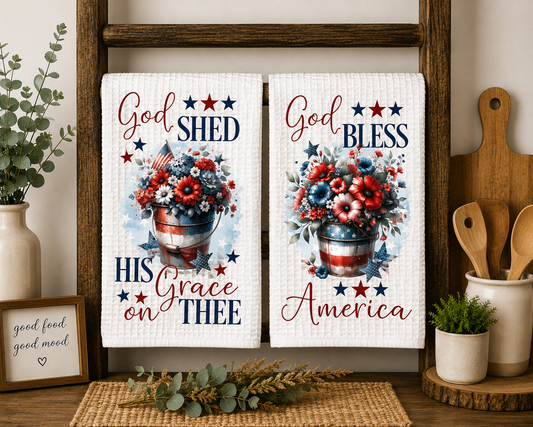 God Bless America Waffle Weave Kitchen Towel