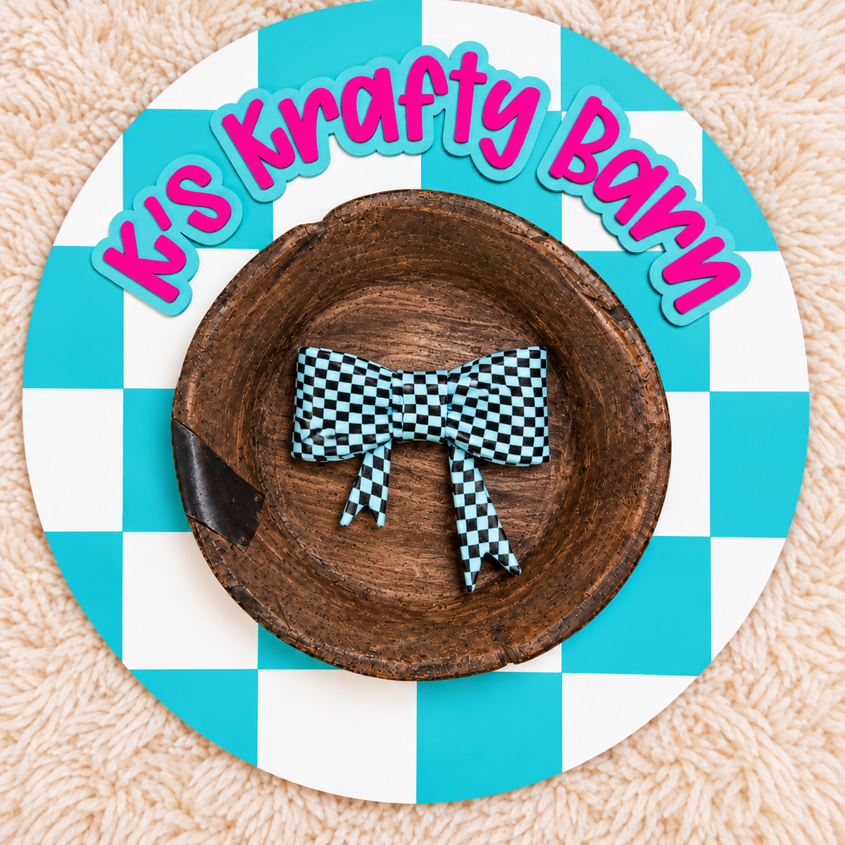 Light Blue Checkered Bow Silicone Focal Bead