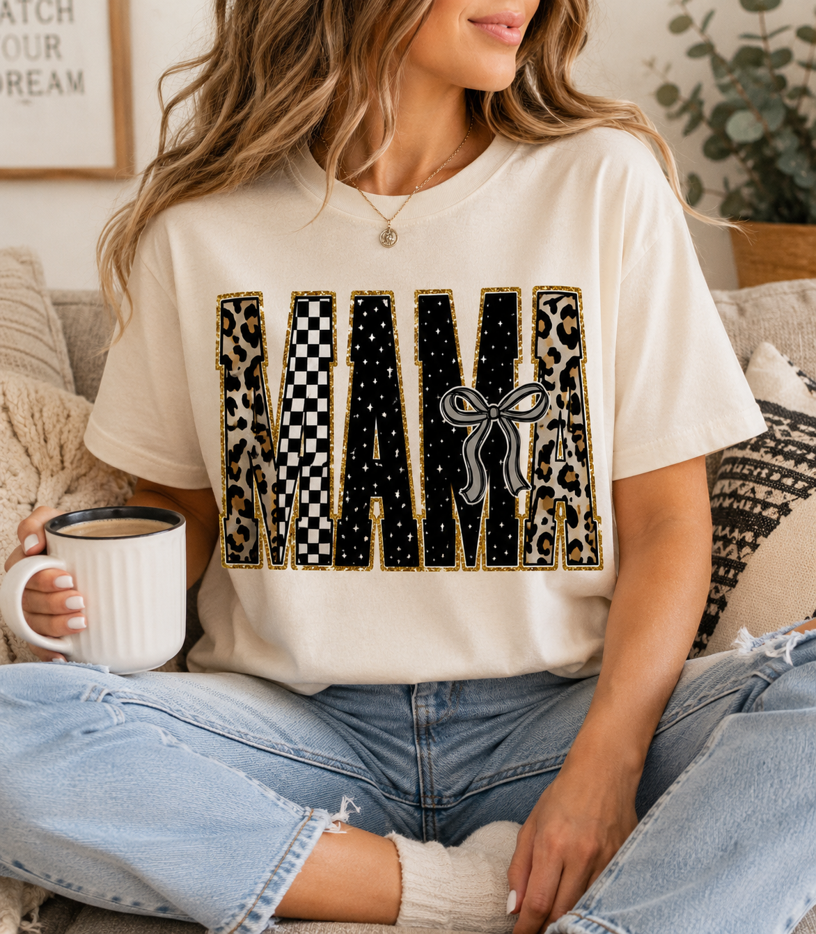 Mama Mixed Patterns Bow Tee