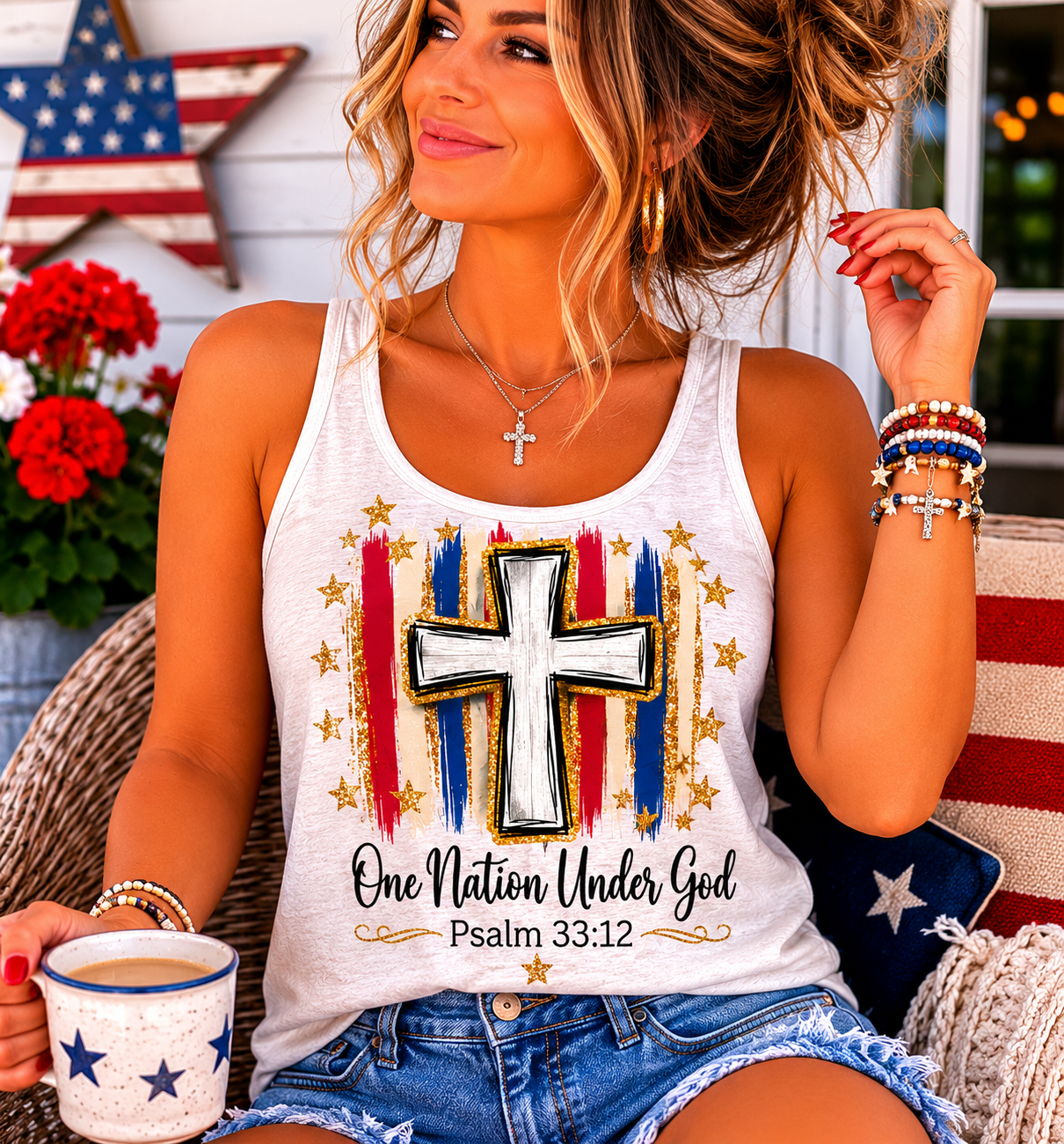 Gold Outline One Nation USA Tank Top