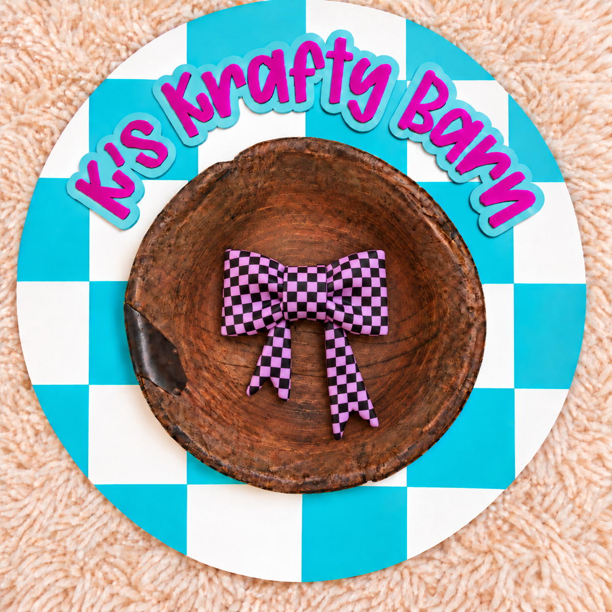 Pink Checkered Bow Silicone Focal Bead