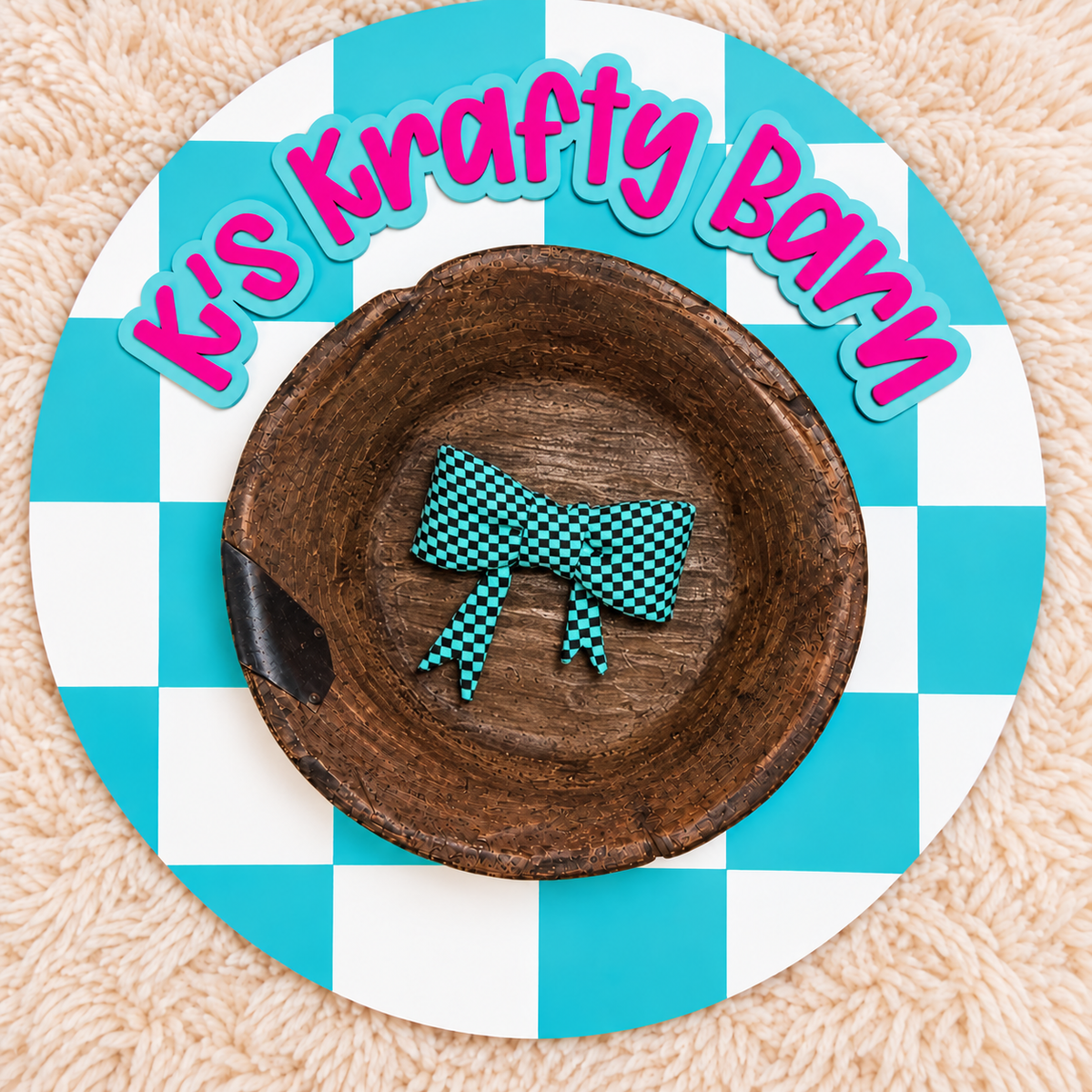Silicone Focal Bead- Teal checkered bow