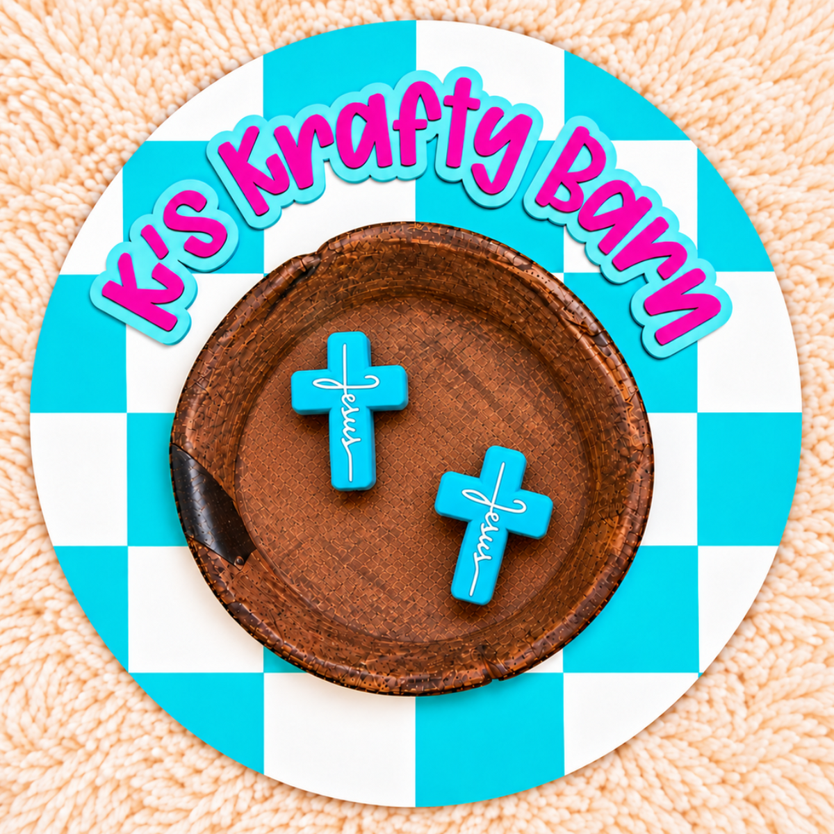 Teal Cross With White Jesus Silicone Focal Bead